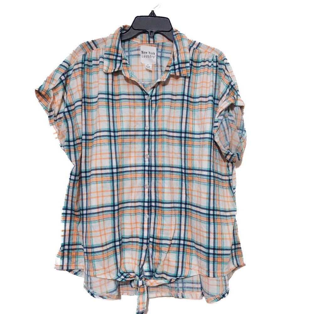 New York Laundry Plaid Button Down Top Orange Teal 2X Tie Front